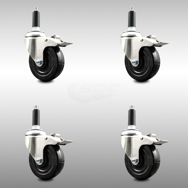 4 Inch 316SS Hard Rubber Wheel Swivel 3/4 Inch Stem Caster Set Lock Brake SCC